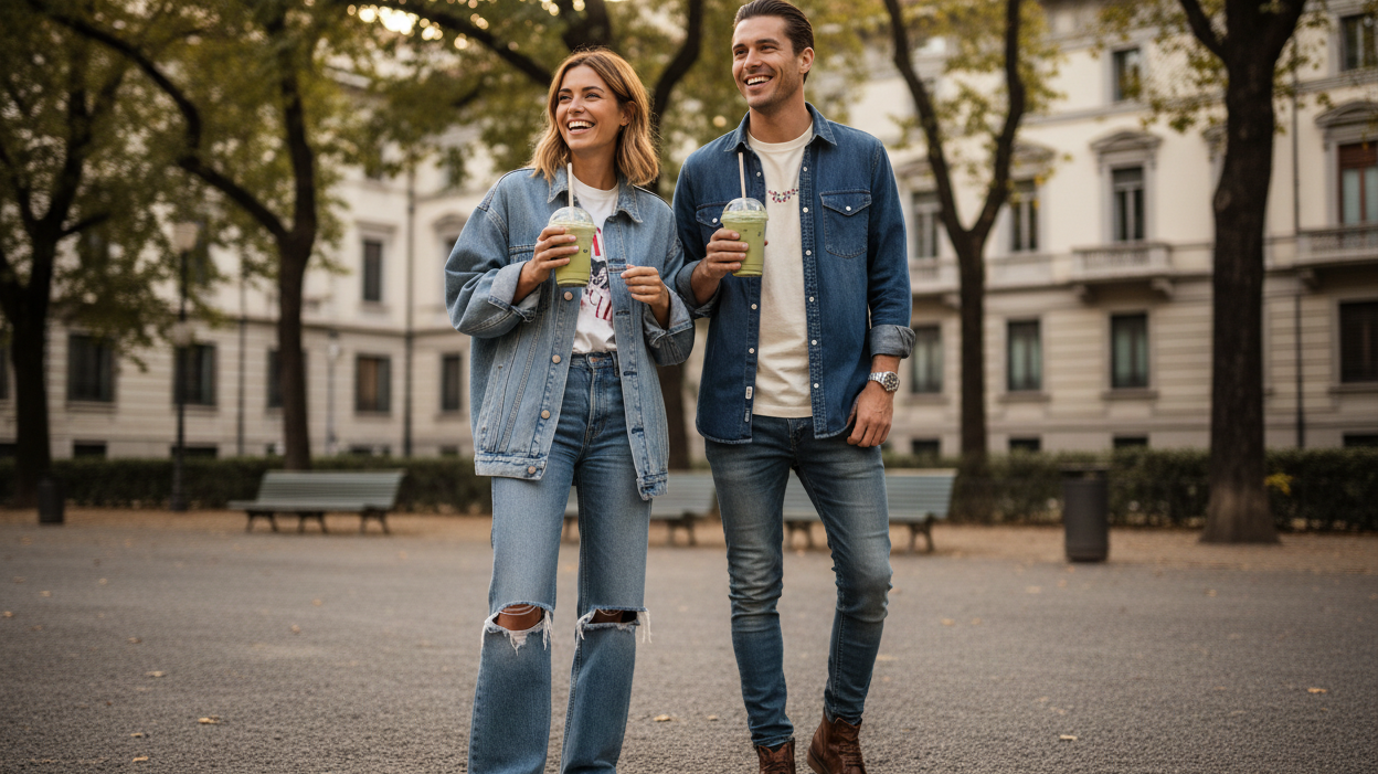 2 cool persons, dressed with trendy denims and t-shirts, in a park in the city that could be Milano, with a ice matcha latte take away in their hands