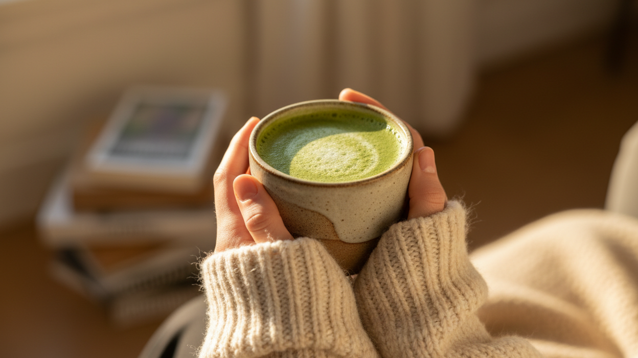 Matcha latte in hands, cozy moment