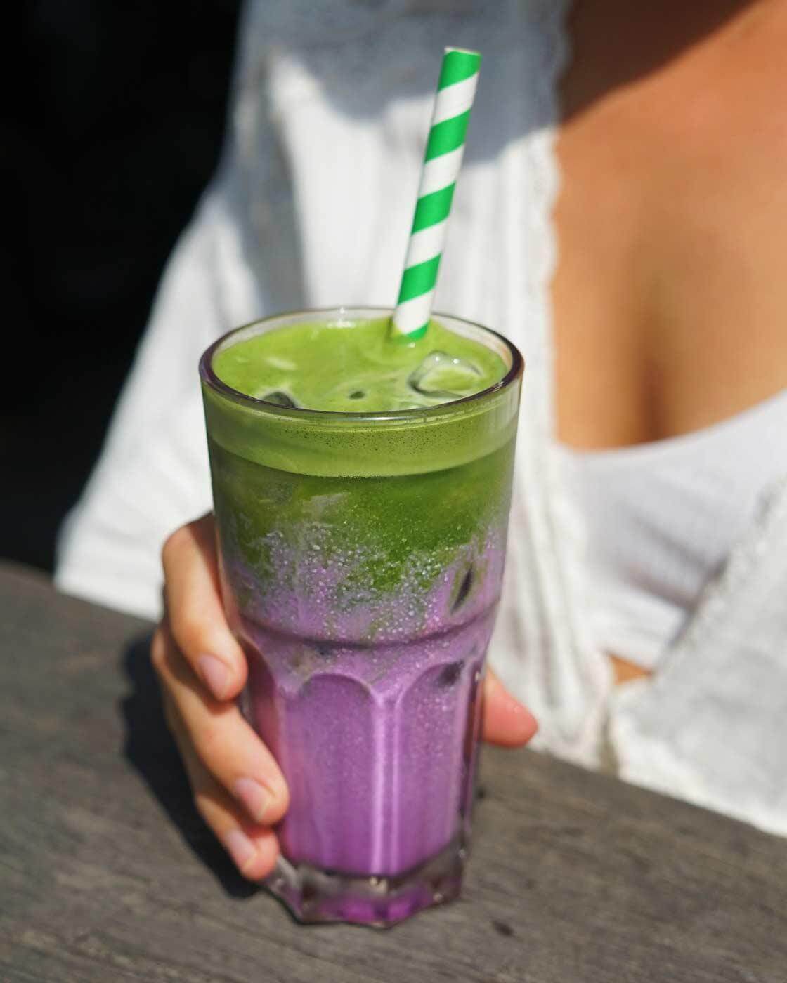 Iced matcha latte with almond milk and taro