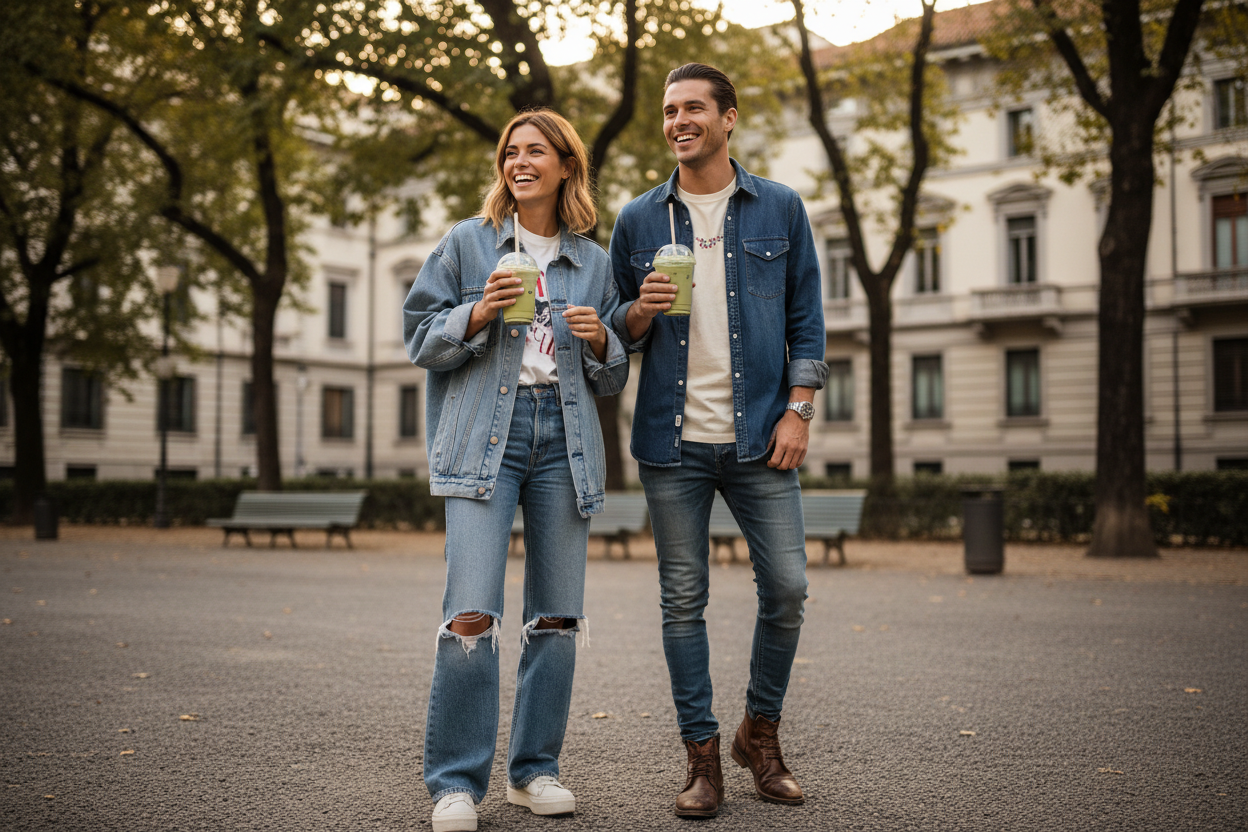 2 cool persons, dressed with trendy denims and t-shirts, in a park in the city that could be Milano, with a ice matcha latte take away in their hands