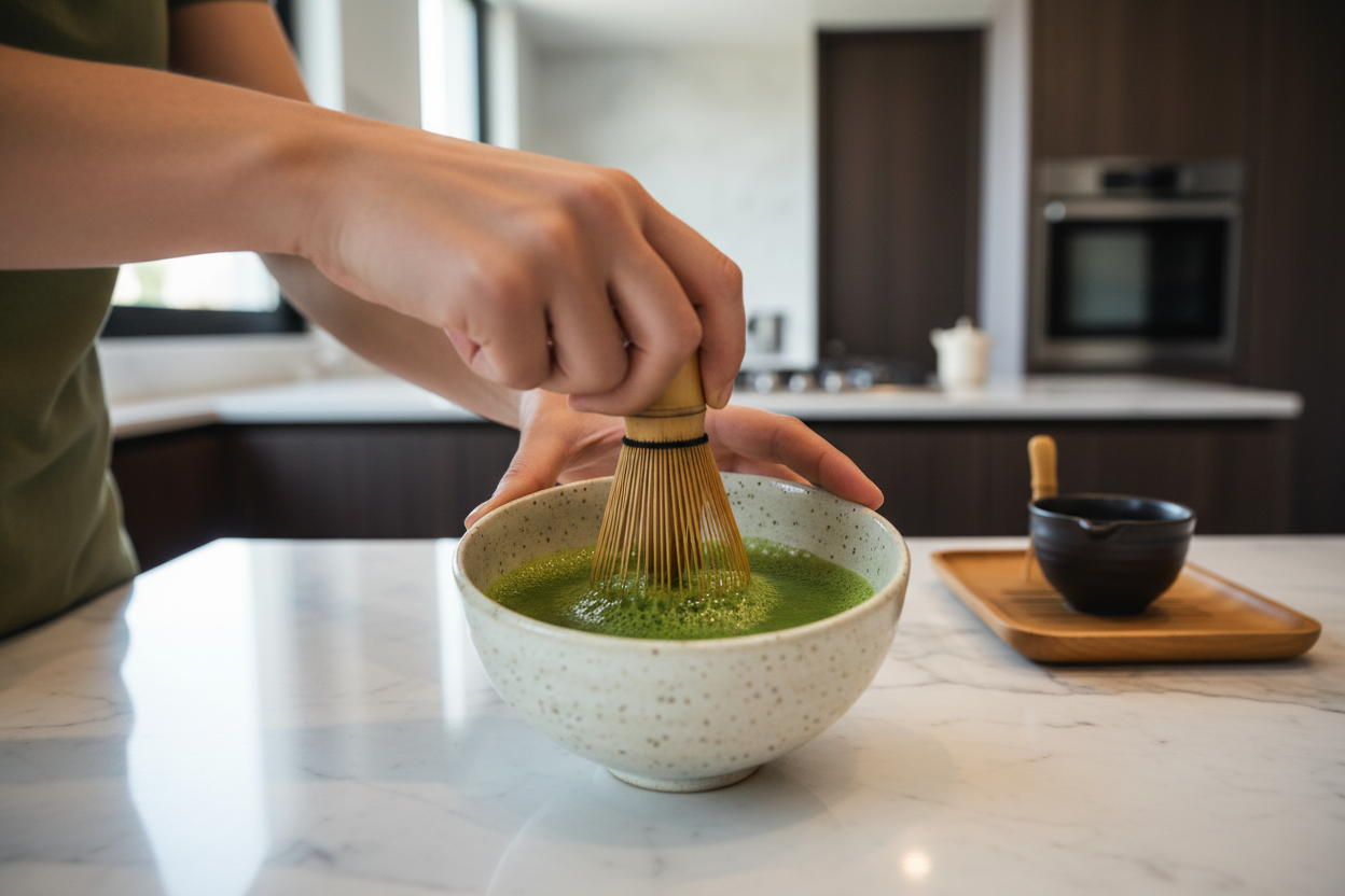 Close-up of hands preparing matcha