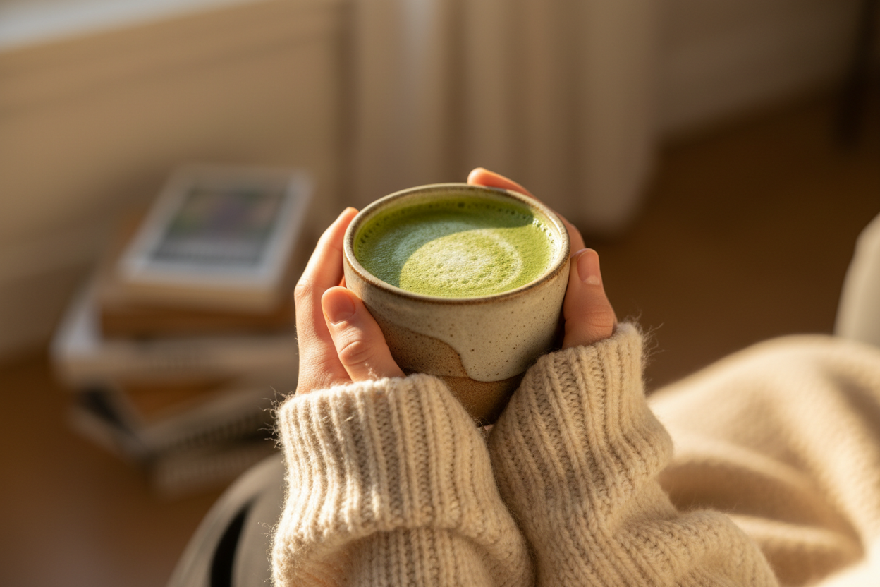Matcha latte in hands, cozy moment