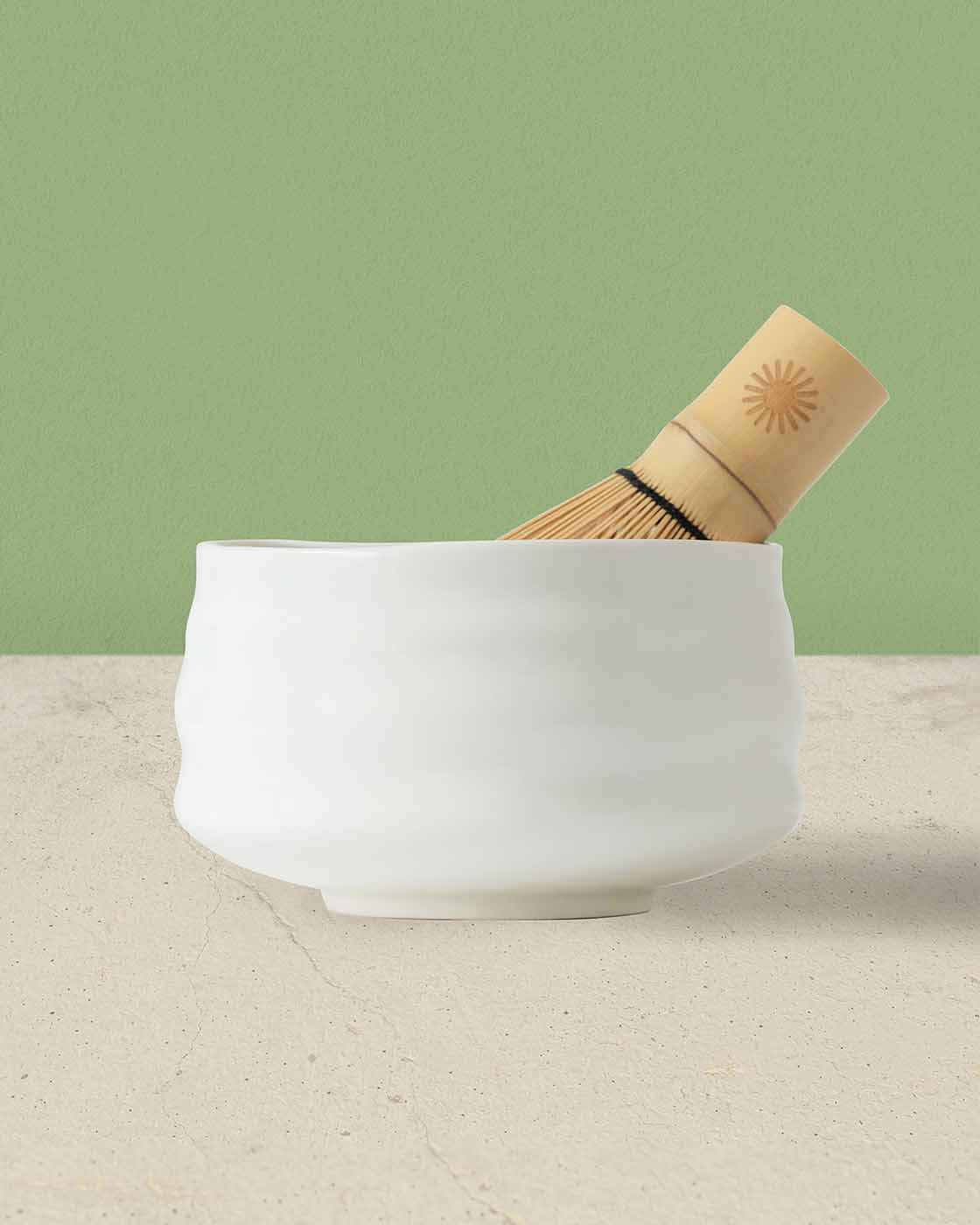 Handmade Chawan Matcha Bowl with bamboo whisk, the perfect tools to prepare your cup of matcha green tea