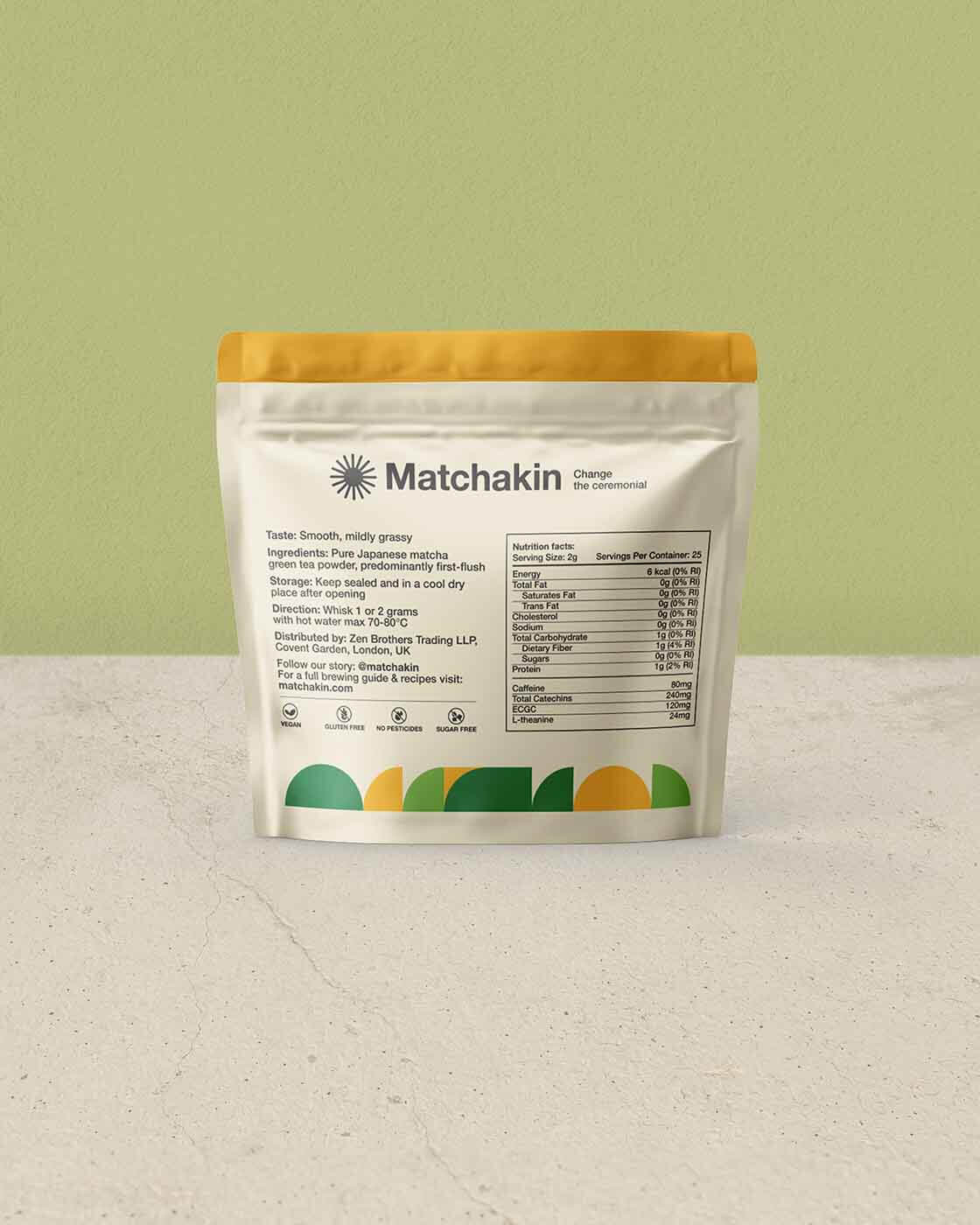 Matchakin Organic Eco Ceremonial Matcha green tea powder made in Japan, 50 grams in pouch bags 