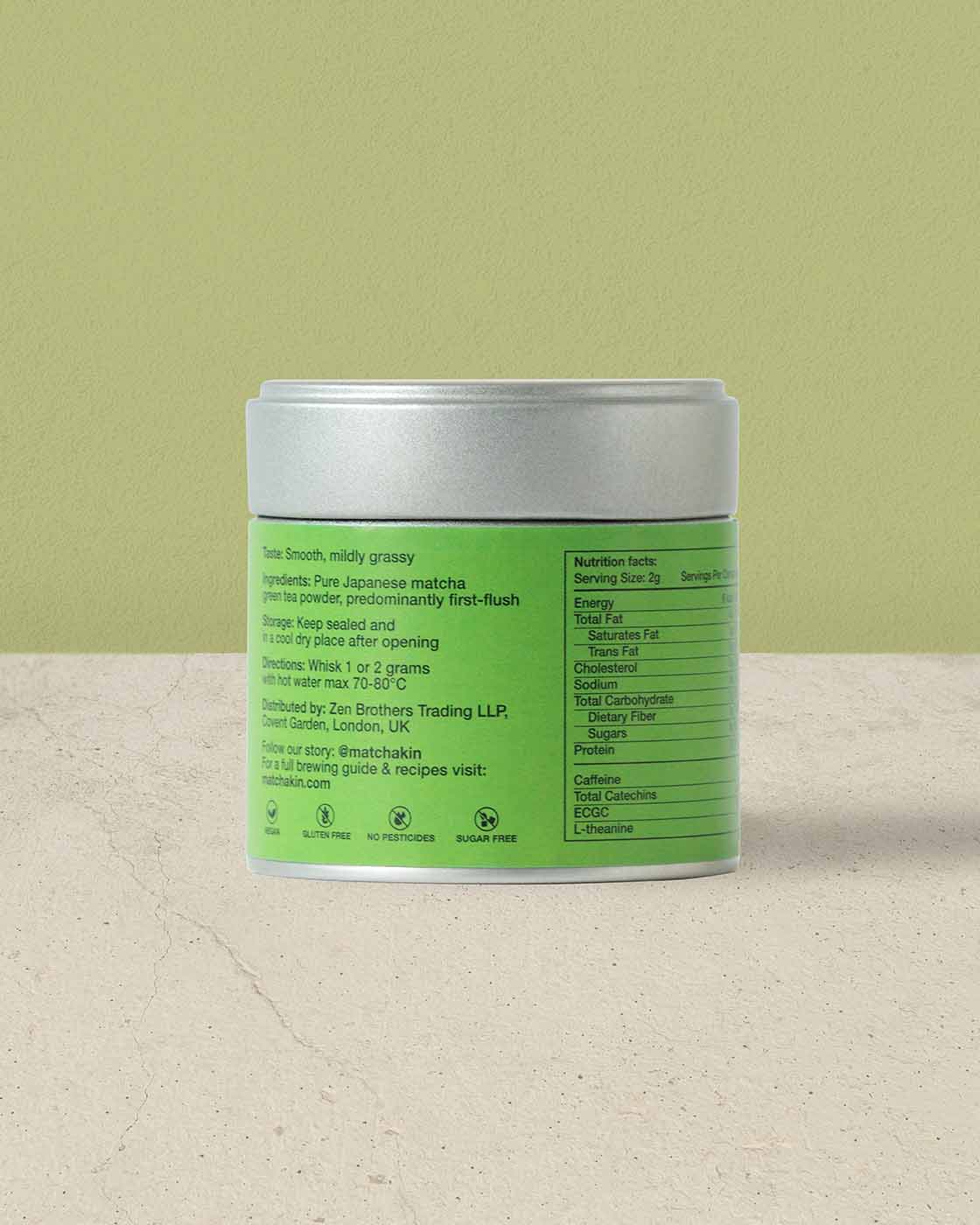 Matchakin Organic Eco Ceremonial Matcha green tea powder made in Japan, 30 grams in tins 